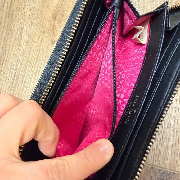 Kate Spade NY Black Leather Zip-Around Wallet with Gold Accent + Pink Interior - Picture 10 of 16